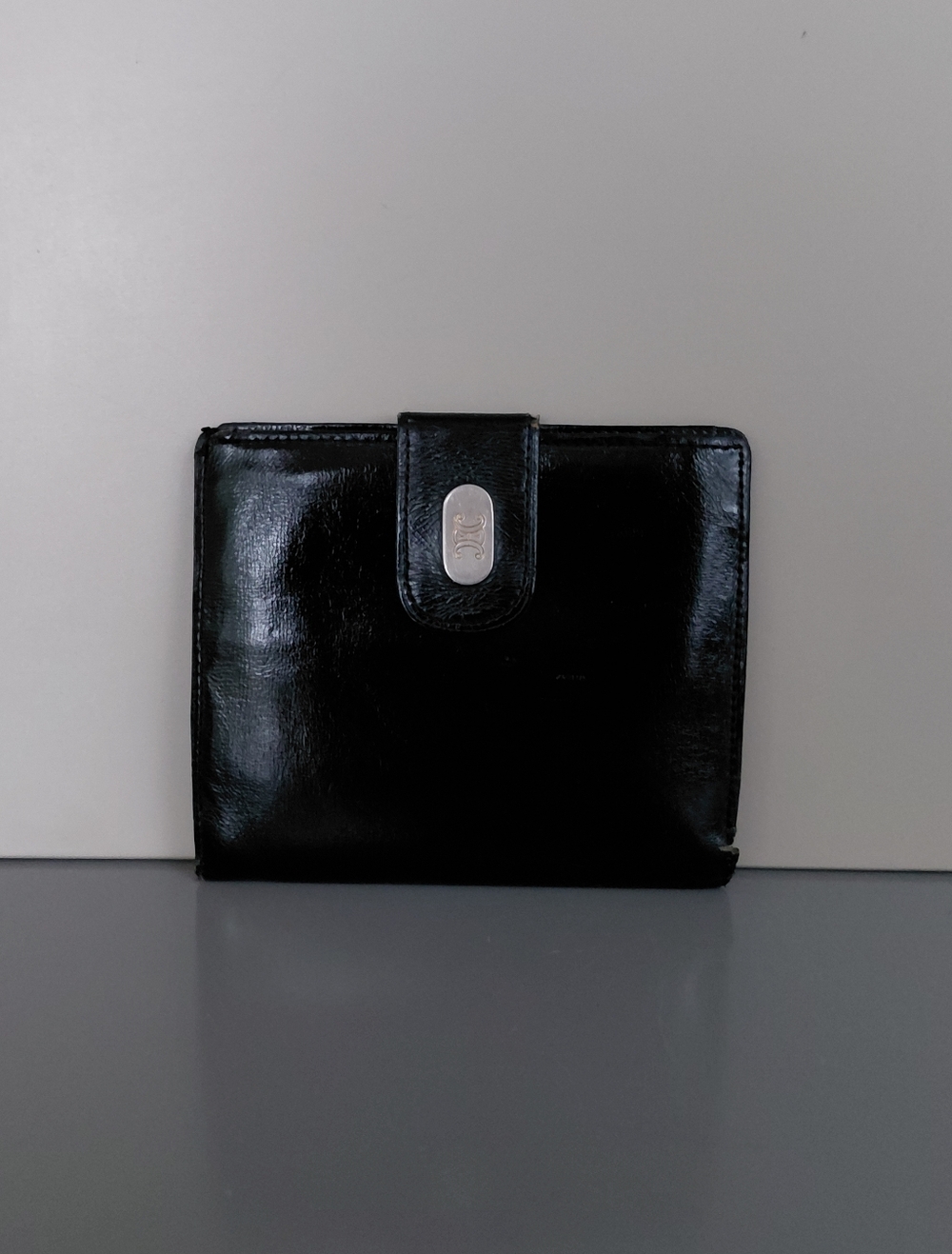 Celine Black Leather Snap Wallet with Silver-Tone Logo